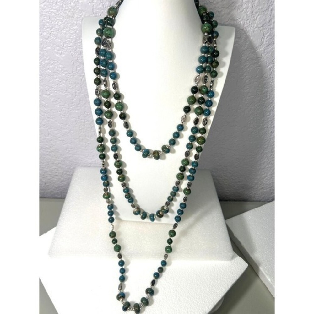 Ceramic Beaded Necklaces Lot of 3 Blue Green Silver Tone Spacers 22 32 44" Opera